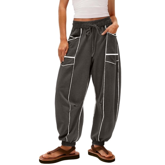 Lumtrix Womens Barrel Pant Drawstring Wide Leg Sweatpants Baggy Summer Lounge Pants Casual Beach Trousers with Pockets Gray XL