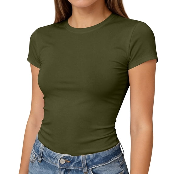 Lumtrix Womens Basic Short Sleeve Crew Neck T Shirt Slim Fit Tees Summer 2026 Y2K Going Out Fitted Crop Tops Cute Tight Shirts Army Green M