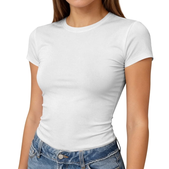 Lumtrix Womens Basic Short Sleeve Crew Neck T Shirt Slim Fit Tees Summer 2026 Y2K Going Out Fitted Crop Tops Cute Tight Shirts White L