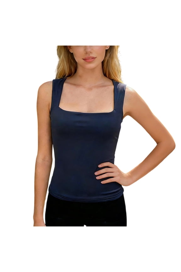 Womens Basic Sim Fitted Square Neck Tank Tops Double Lined Summer Tops Cute Sleeveless Shirts Navy M