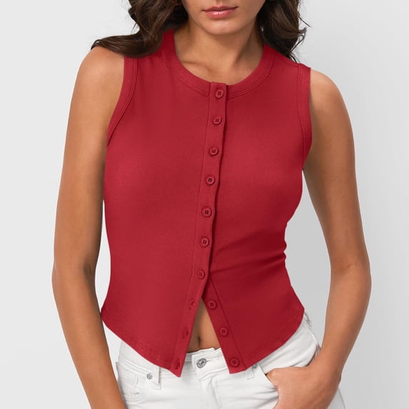 Lumtrix Womens Button Down Tank Top Going Out Ribbed Sleeveless Shirt Cropped Fitted Vest Y2k Fashion Trendy Summer Clothes Red XL