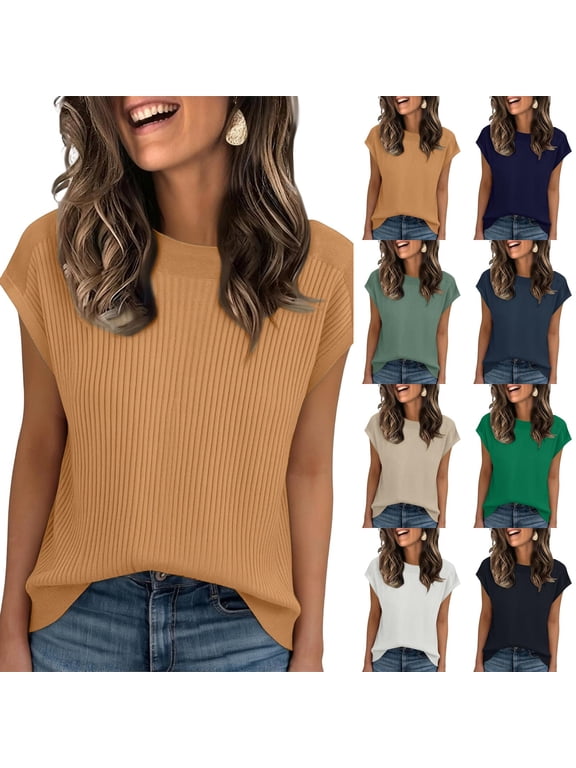 Womens Cap Sleeve Sweaters Casual Summer Crew Neck Shirts Loose Basic Ribbed Knit Pullover Black 2XL