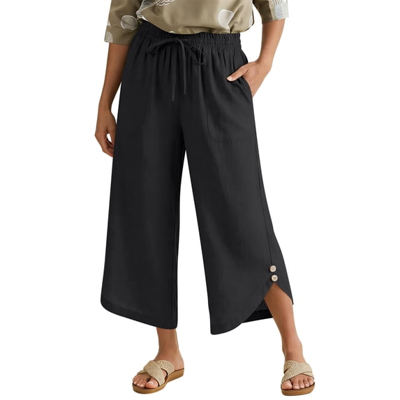 Lumtrix Womens Capris Pants High Waist Drawstring Dressy Casual Pants Lightweight Trousers Buttons With Pockets Black L