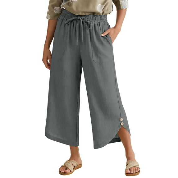 Lumtrix Womens Capris Pants High Waist Drawstring Dressy Casual Pants Lightweight Trousers Buttons With Pockets Dark Gray M