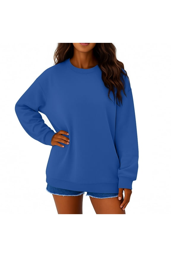 Womens Casual Crewneck Sweatshirts Oversized Long Sleeve Cute Tunic Tops Loose Fitting Pullovers Hoodies Y2K Clothes Dark Blue 2XL