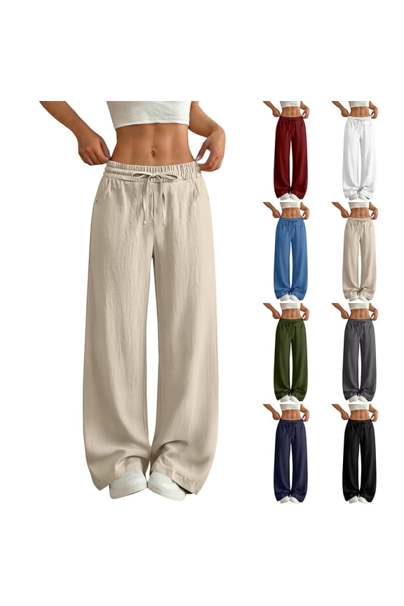 Womens Casual Linen Wide Leg Pant Flowy Drawstring High Waist Palazzo Pants Beach Vacation Trousers Sky Blue XL