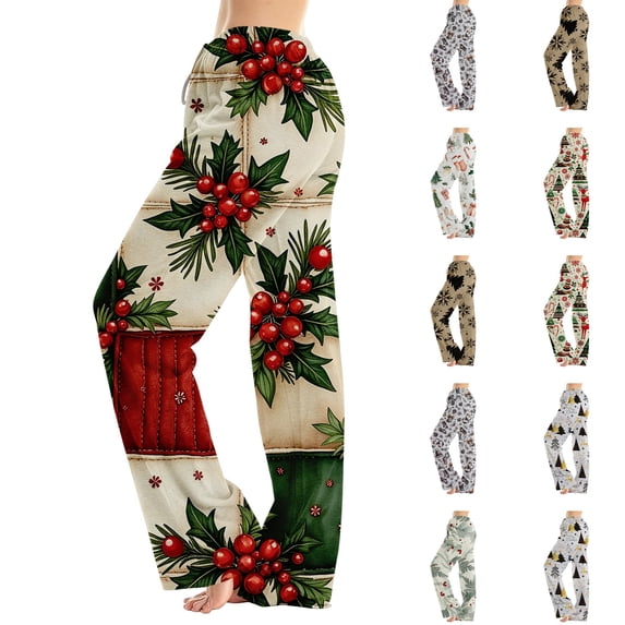 Lumtrix Womens Christmas Pajama Pants Cute Funny Holly And Berries Printed Pajamas Bottoms Comfy Elastic Waist Palazzo Pants Fall Pajamas Red 2XL