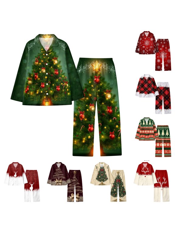 Womens Christmas Pajamas Set Long Sleeve Sleepwear Button Down Xmas Tree Graphci Comfy Soft Pjs Set Comfy Soft Long Pants Lounge Set Green 3XL