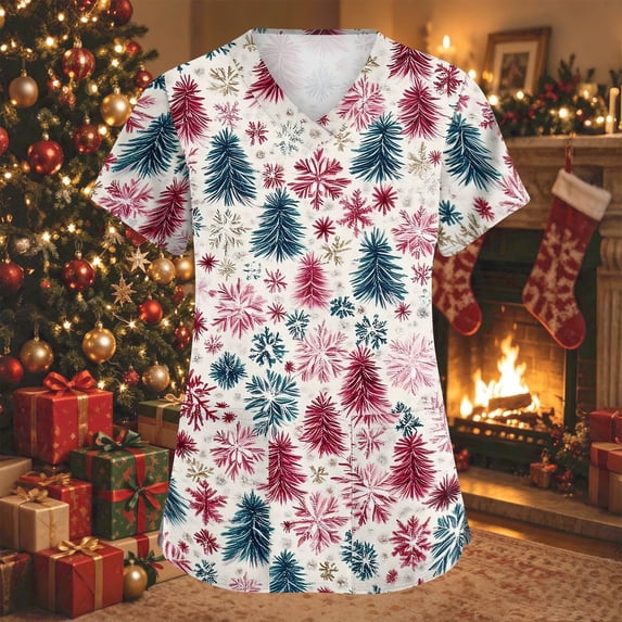 Lumtrix Womens Christmas Scrub Tops Funny Printed Short Sleeve V Neck Cute Nurse Holiday Working Uniforms Anti Wrinkle Nursing Uniform With Pockets Wine S