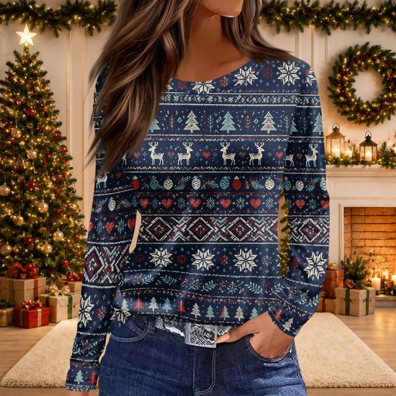 Lumtrix Womens Christmas Shirts Funny Print Top Crew Neck Long Sleeve Trendey Loose Fit Blousers Navy S