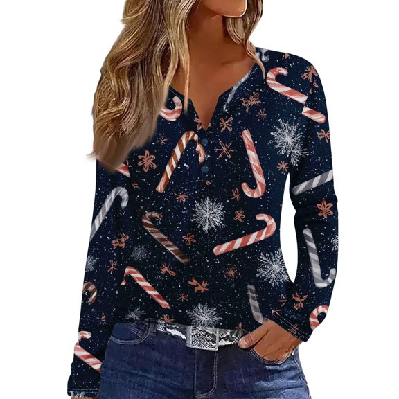 Lumtrix Womens Christmas Shirts Trendey V Neck Long Sleeve Tee Funny Xmas Holiday Lightweight Blousers Navy 2XL