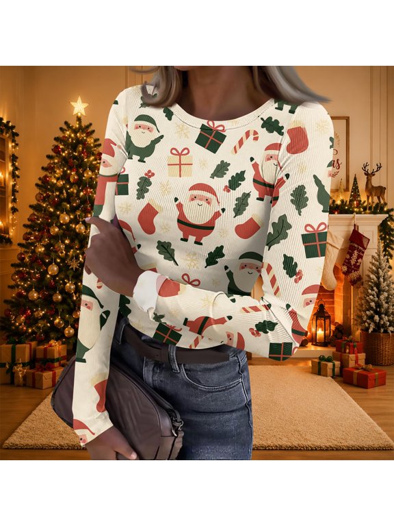 Womens Christmas Shirts Xmas Printed T-Shirts Fall Crew Neck Long Sleeve Lightweight Tunic Multicolor L