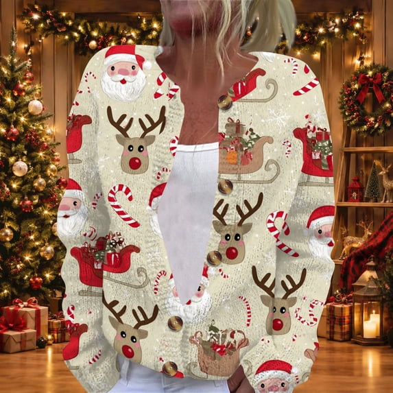Lumtrix Womens Christmas Top Christmas Santa Print Fall Winter Long Sleeves Knitted Coat Sweater Long Sleeves Knitted Casual Coat Multicolor XL