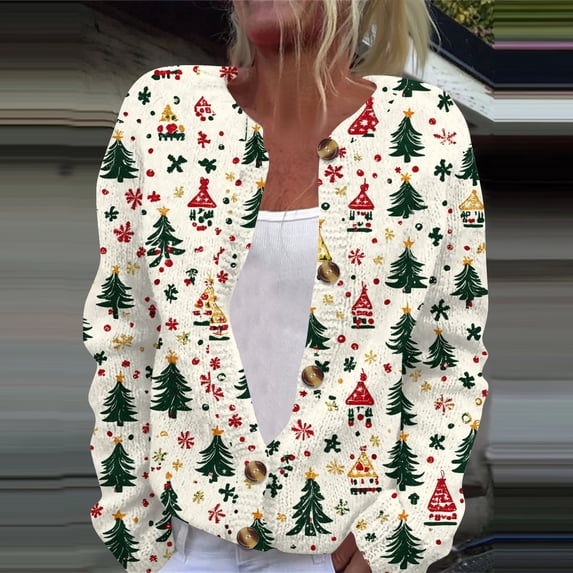 Lumtrix Womens Christmas Tops Christmas Tree Print Knitted Casual Long Sleeves Coat Sweaters Long Sleeves Knitted Fall Winter Coat Khaki 4XL