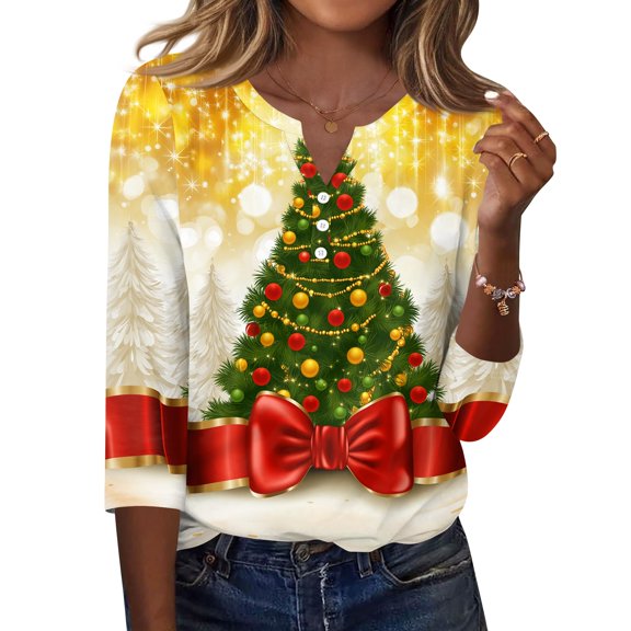 Lumtrix Womens Christmas Tops Short Sleeve Button Down T Shirts Henley Neck Funny Xmas Tree Pattern Holiday Daily Wear Green M