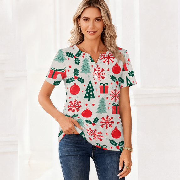 Lumtrix Womens Christmas Tops Short Sleeve Henley V Neck Button Business Work Graphic Holiday Tops Multicolor XL