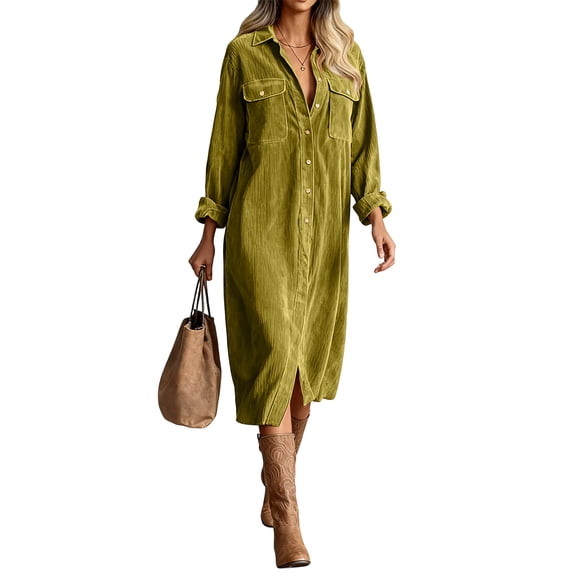 Lumtrix Womens Corduroy Button Down Shirt Dress Lapel Long Sleeve Solid Color Casual Loose Midi Fall Spring Dresses Yellow S