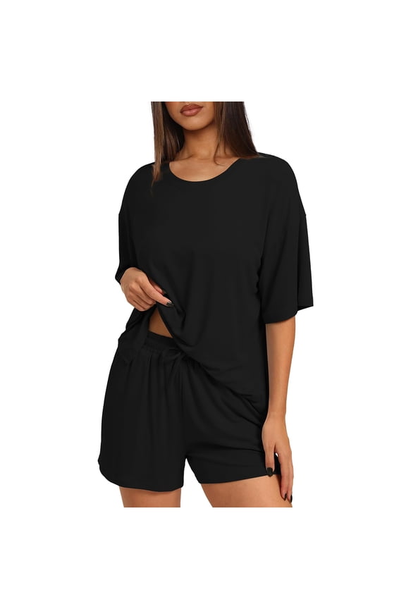 Womens Cotton 2 Short Sets Summer Short Sleeve Outfits Casual Matching Lounge Set With Pockets Black 2XL