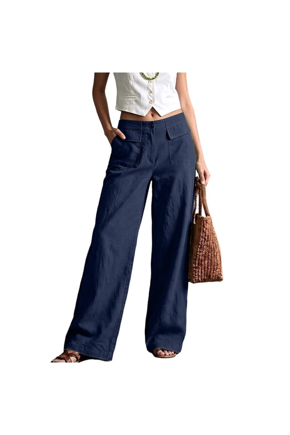 Womens Cotton Linen Dress Pants Button Down High Waisted Wide Leg Business Casual Trousers with Pockets Back Elastic Waist Navy XL