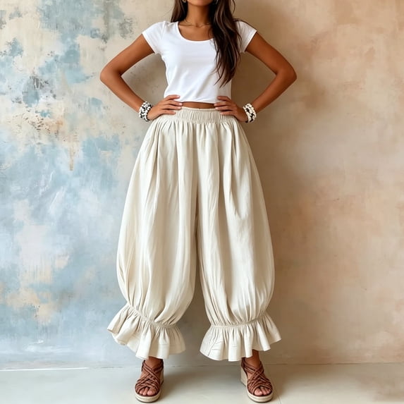 Lumtrix Womens Cotton Linen Wide Leg Balloon Pants Casual Cropped Ruffle Palazzo Flowy Pants with Pockets Beige L
