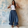 thumbnail image 1 of Lumtrix Womens Cotton Linen Wide Leg Balloon Pants Casual Cropped Ruffle Palazzo Flowy Pants with Pockets Navy 2XL, 1 of 6