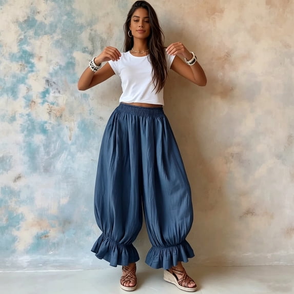 Lumtrix Womens Cotton Linen Wide Leg Balloon Pants Casual Cropped Ruffle Palazzo Flowy Pants with Pockets Navy 2XL