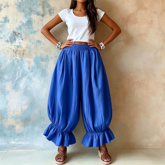 Lumtrix Womens Cotton Linen Wide Leg Balloon Pants Casual Cropped Ruffle Palazzo Flowy Pants with Pockets Royal Blue XL