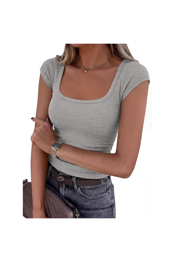 Womens Cotton Square Neck Cap Sleeve Shirts Slim Fit Ribbed Knit Tops Summer Basic Low Cut Tee Fashion Clothes Beige M