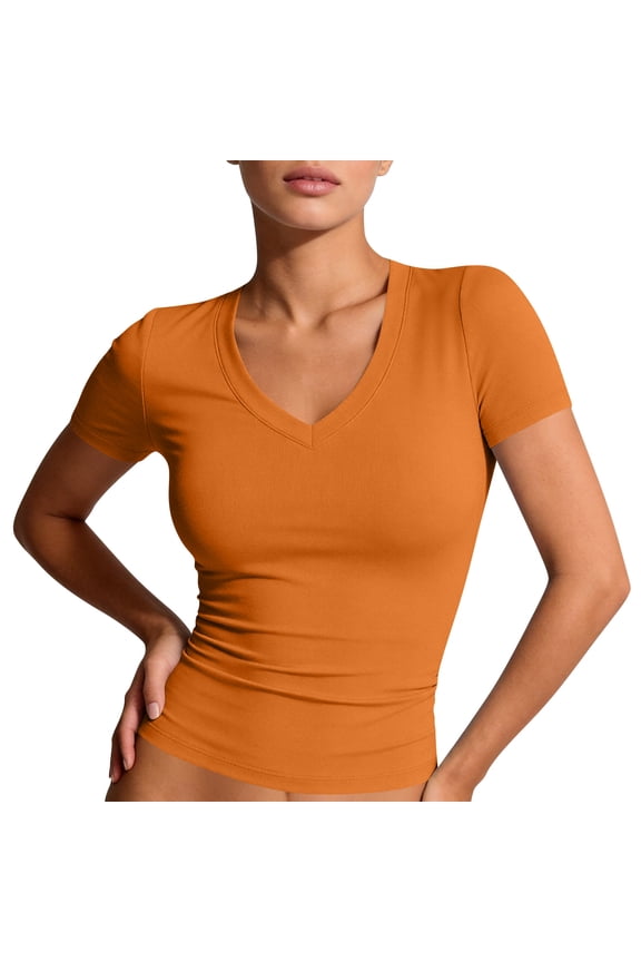 Womens Cotton V Neck Short Sleeve Shirts Slim Fitted Low Cut Tops Summer Basic Crop Tees Going Out T Shirts Khaki L