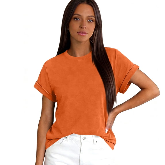 Lumtrix Womens Crew Neck Rolled Short Sleeve T Shirts Summer Cute Casual Oversized Tee Spring Solid Tops Orange 2XL