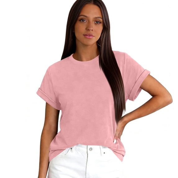 Lumtrix Womens Crew Neck Rolled Short Sleeve T Shirts Summer Cute Casual Oversized Tee Spring Solid Tops Pink S