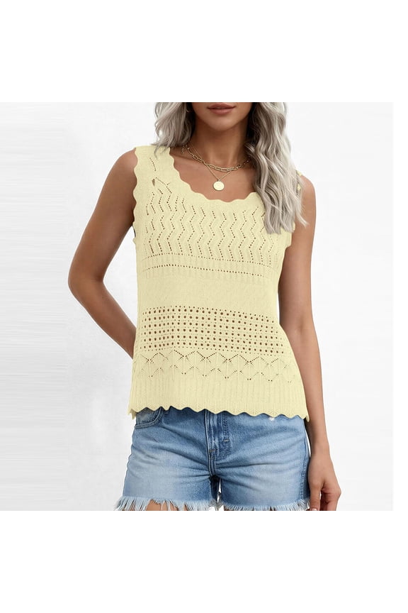 Womens Crochet Tank Tops Sleeveless Knit Sweater Vest Summer Crew Neck Ruffle Cute Scalloped Shirts Yellow L