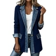 thumbnail image 1 of Lumtrix Womens Denim Patchwork Collared Shirt Jacket Casual Long Sleeve Button Front Denim Trim Blazer Lightweight Shacket Navy S, 1 of 9