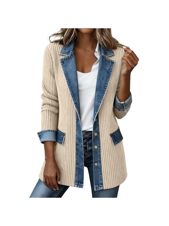 Womens Denim Patchwork Collared Shirt Jackets Casual Long Sleeve Button Front Denim Trim Blazer Lightweight Shacket Beige 2XL