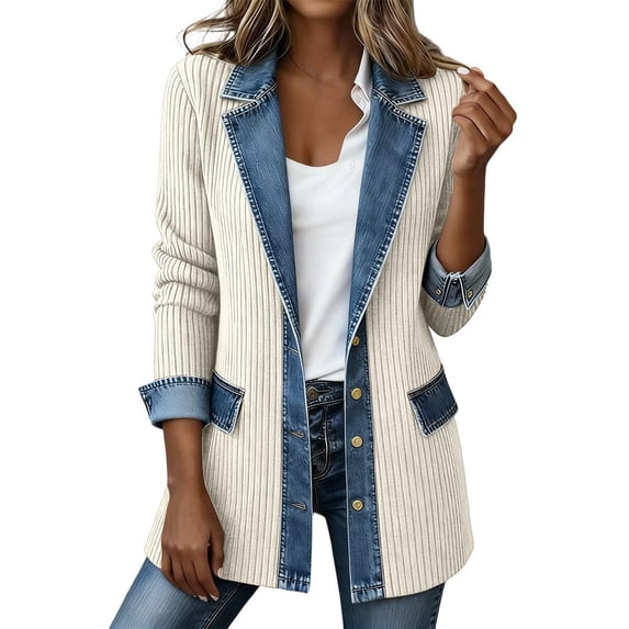 Lumtrix Womens Denim Patchwork Collared Shirt Jackets Casual Long Sleeve Button Front Denim Trim Blazer Lightweight Shacket White S
