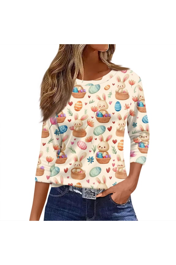 Womens Easter Top Casual Crew Neck 3/4 Sleeve Shirt Cute Bunny Graphic T Shirts Loose Spring Summer Colored Eggs Print Clothes 2026 Beige S