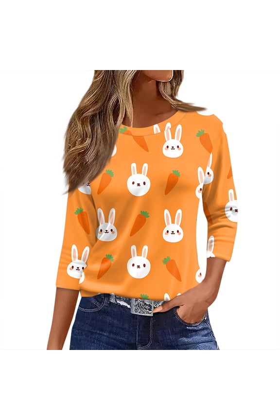 Womens Easter Top Casual Crew Neck 3/4 Sleeve Shirts Cute Bunny Graphic T Shirts Loose Spring Summer Colored Eggs Print Clothes 2026 Orange L