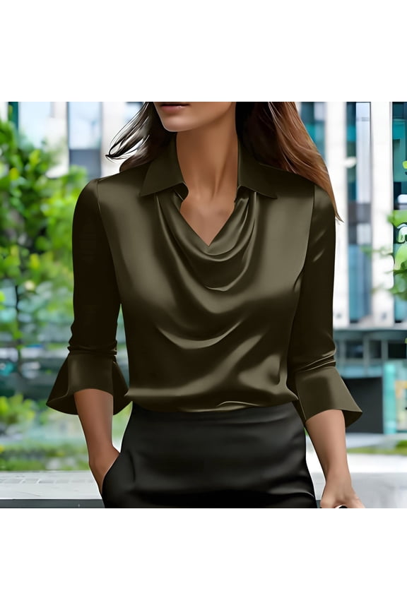 Womens Elegant Cowl Neck Satin Blouse Casual Bell 3/4 Sleeve Tops Dressy Business Collared Ruched Shirts Army Green S