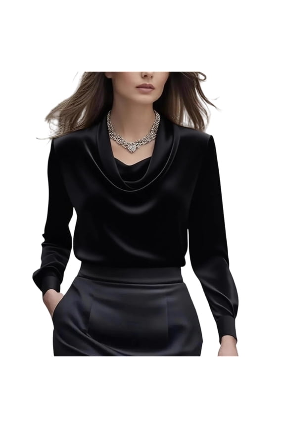 Womens Elegant Cowl Neck Satin Blouse Long Sleeve Tops Dressy Business Casual Office Work Silk Shirt Spring Outfits Black S