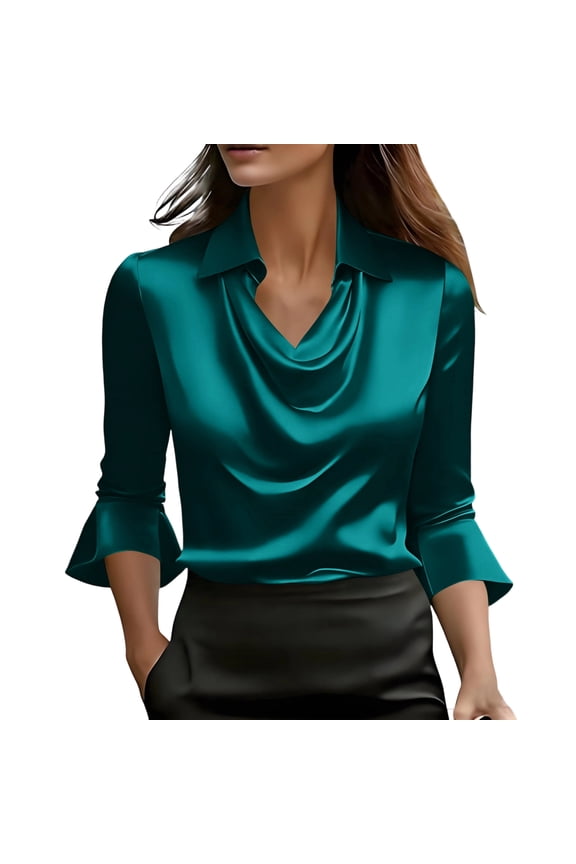 Womens Elegant Cowl Neck Satin Blouses Business Casual 3/4 Bell Sleeve Shirts Ruched Dressy Tops Work Office Clothes Dark Green L
