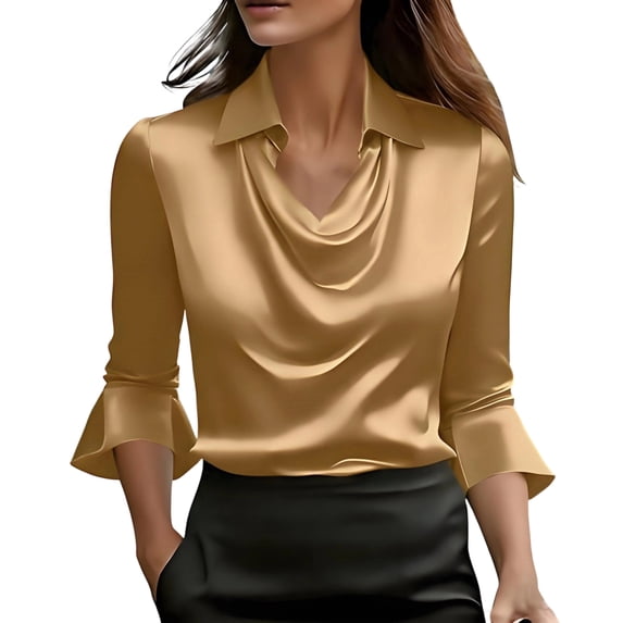 Lumtrix Womens Elegant Cowl Neck Satin Blouses Business Casual 3/4 Bell Sleeve Shirts Ruched Dressy Tops Work Office Clothes Gold L