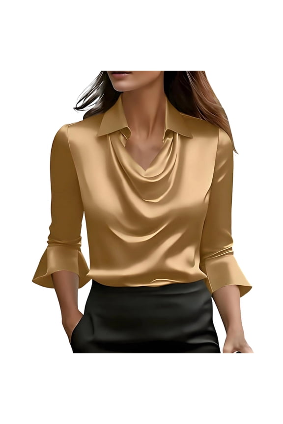 Womens Elegant Cowl Neck Satin Blouses Business Casual 3/4 Bell Sleeve Shirts Ruched Dressy Tops Work Office Clothes Gold M