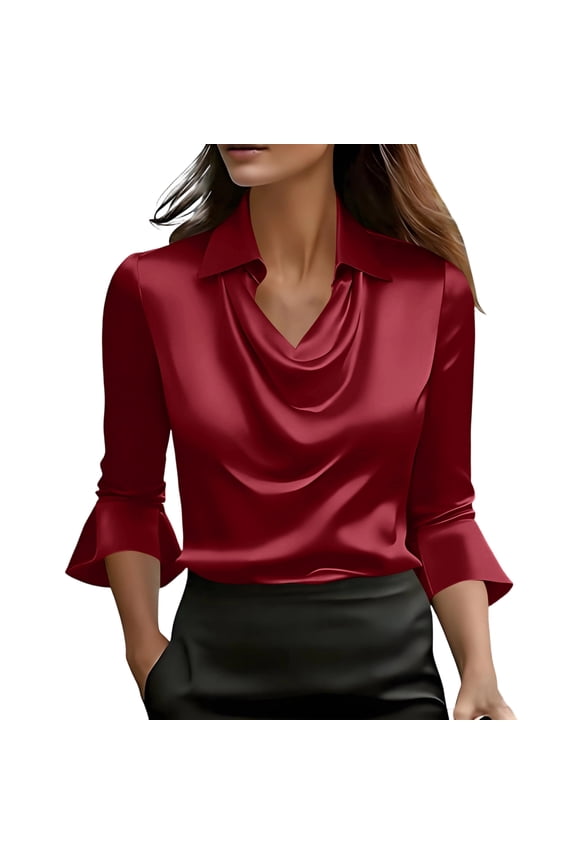 Womens Elegant Cowl Neck Satin Blouses Business Casual 3/4 Bell Sleeve Shirts Ruched Dressy Tops Work Office Clothes Wine 2XL