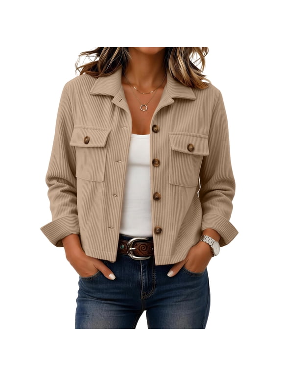 Womens Fashion Cropped Jacket Corduroy Button Down Long Sleeve Coats | Lightweight Crop Shackets Outwear Beige M