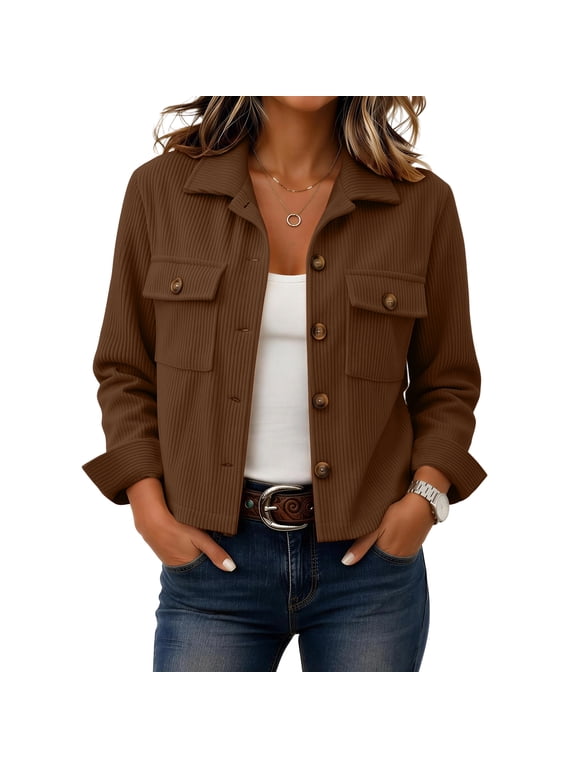 Womens Fashion Cropped Jacket Corduroy Button Down Long Sleeve Coats | Lightweight Crop Shackets Outwear Brown S