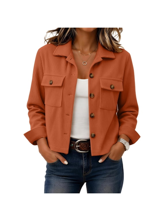 Womens Fashion Cropped Jacket Corduroy Button Down Long Sleeve Coats Lightweight Crop Shackets Trendy Fall Winter Outwear Saffron L
