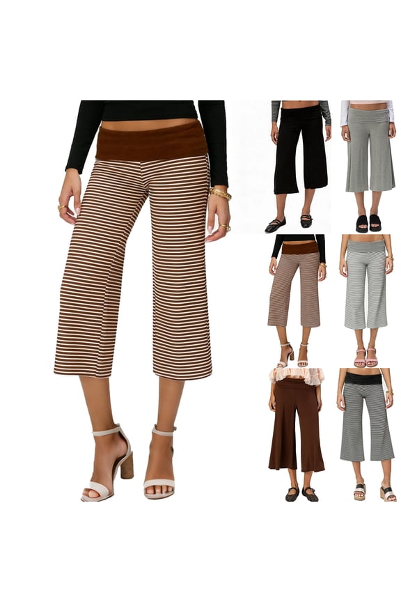 Womens Fold Over Gaucho Pants Culottes Low Rise Capris Foldover Flowy Going Out Flare Bottoms Wide Leg Cropped Pants Coffee S