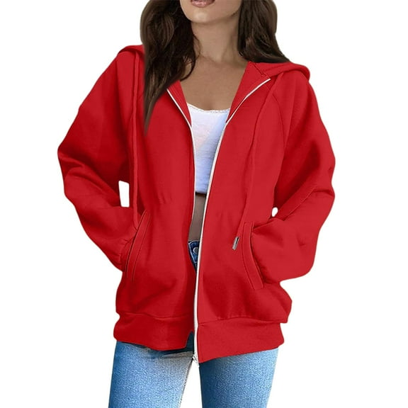 Lumtrix Womens Full Zip Up Hoodie Long Sleeve Hooded Sweatshirts Pockets Jacket Coat for Women Red L