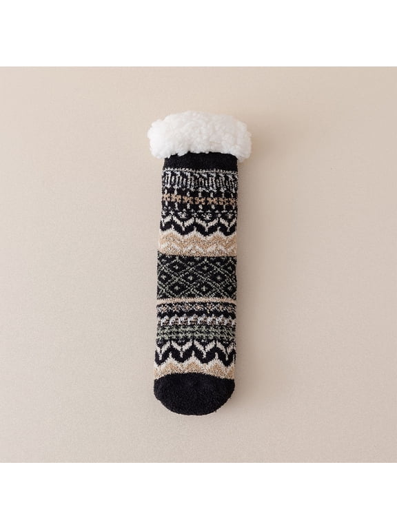 Womens Fuzzy Slipper Socks Fluffy Winter Warm Sherpa Fleece Lined Non Slip Thick Thermal Cozy Plush Fleece Socks Black One Size