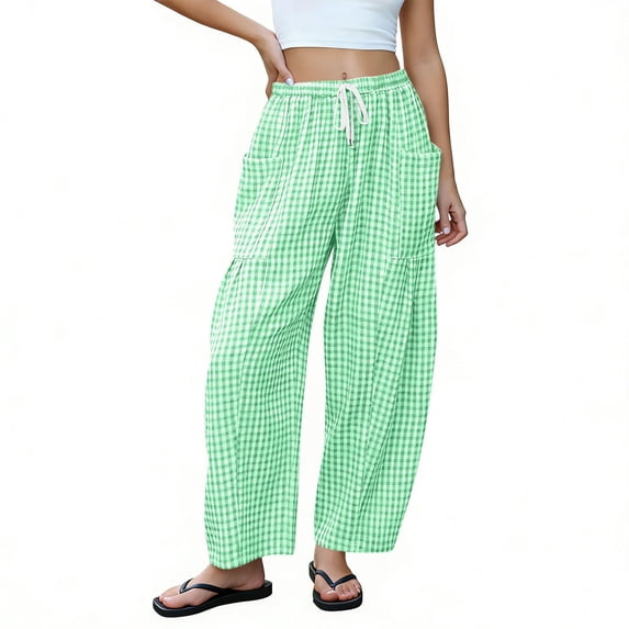 Lumtrix Womens Gingham Barrel Pants Elastic High Waist Drawstring Loose 2026 Summer Casual Plaid Trousers With Pockets Green L